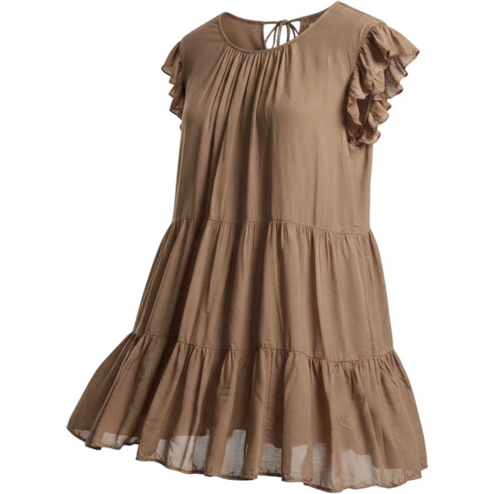 Wilfred Aritzia Tan Brown Tiered Ruffle Sleeve Mini Dress Womens XS Keyhole Back